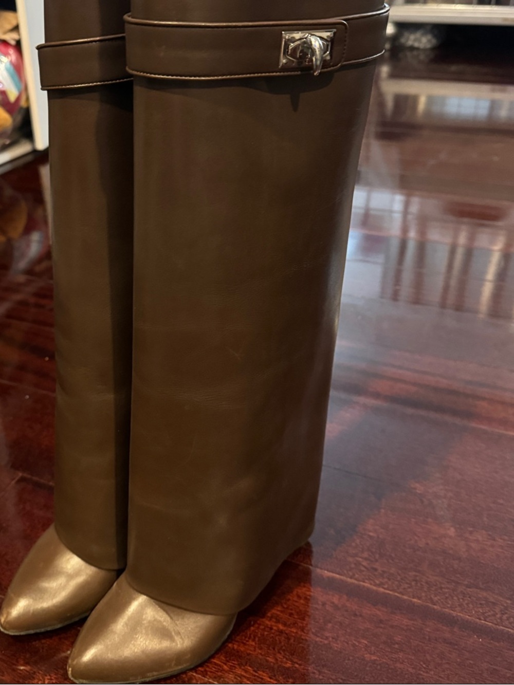 Givenchy Brown Leather Over-the-Knee Boots with Silver Buckle Detail - Picture 2 of 6